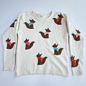 H&M Girls Size 8/10 Cream Fox Wearing Scarves Print Sweater Fuzzy Knit